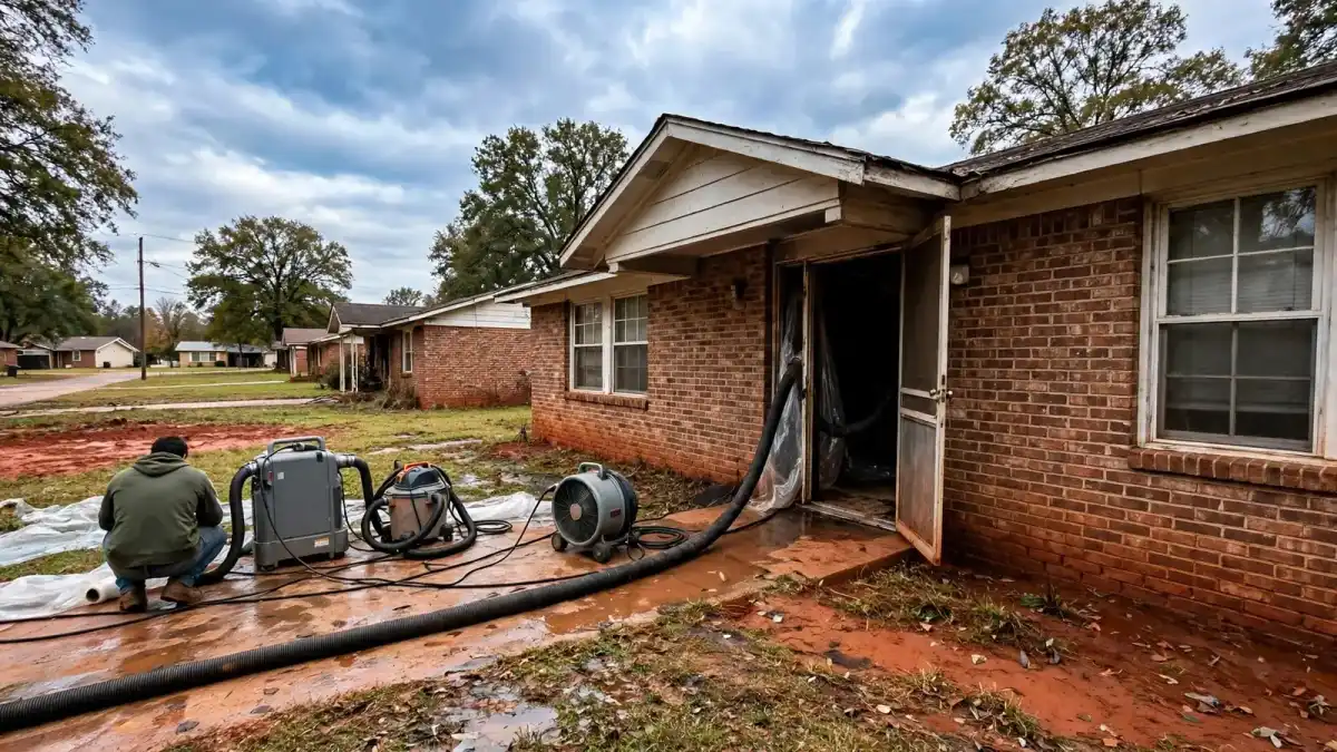 Extraction hose running through the front door of a brick house