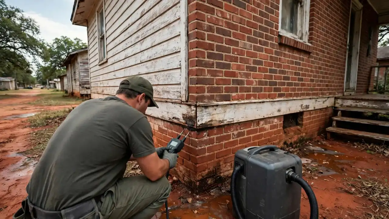 Technician holding a moisture meter against the base of a brick wall