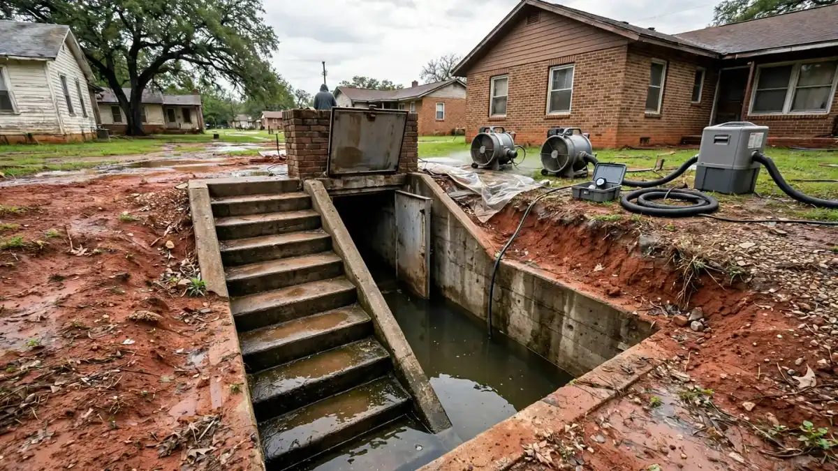 Concrete cellar steps leading down to standing water